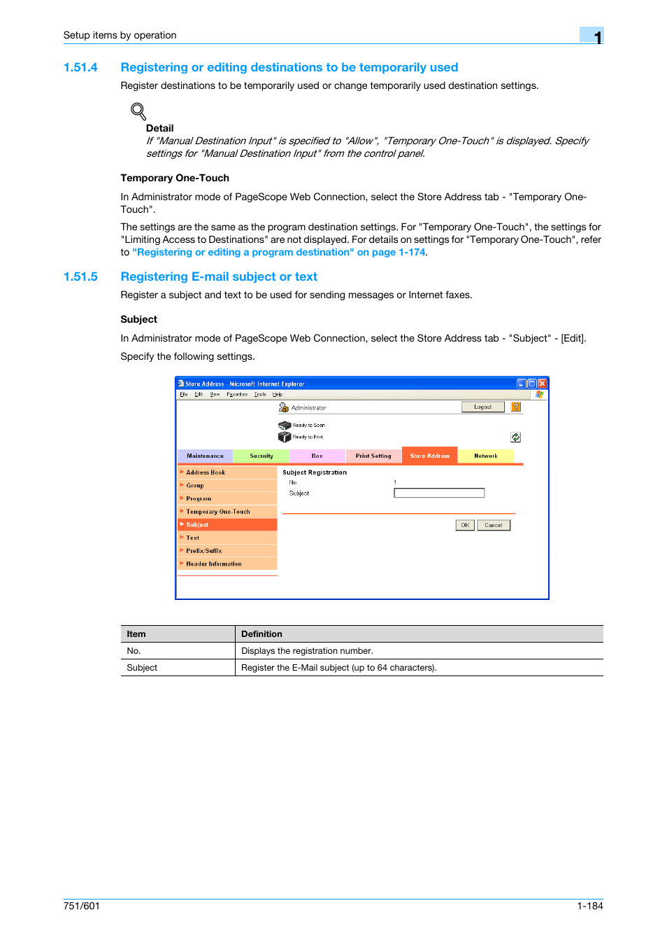 Temporary one-touch, 5 registering e-mail subject or text, Subject | Konica Minolta bizhub 601 User Manual | Page 197 / 233