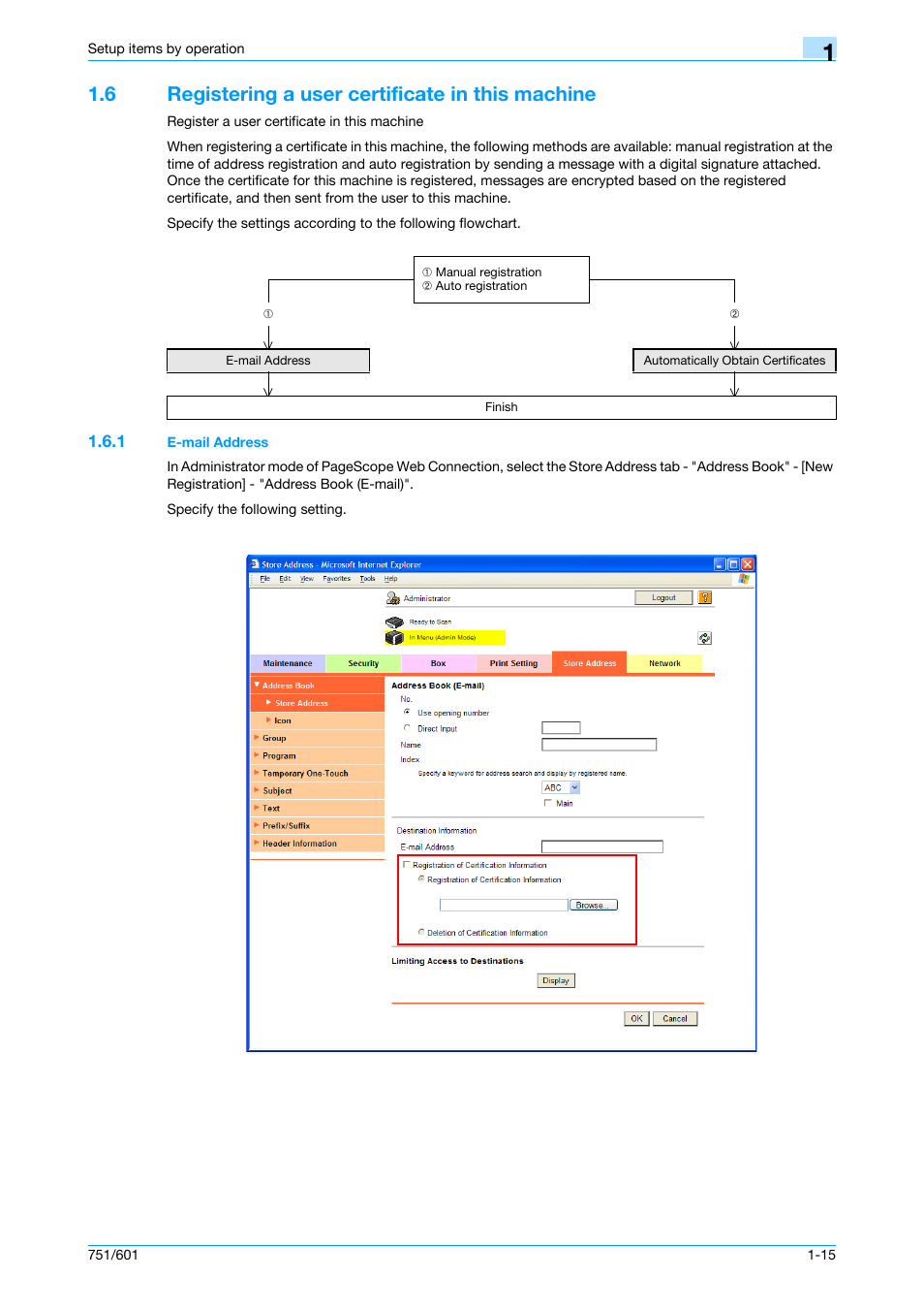 6 registering a user certificate in this machine, 1 e-mail address, Registering a user certificate in this machine -15 | E-mail address -15 | Konica Minolta bizhub 601 User Manual | Page 28 / 233