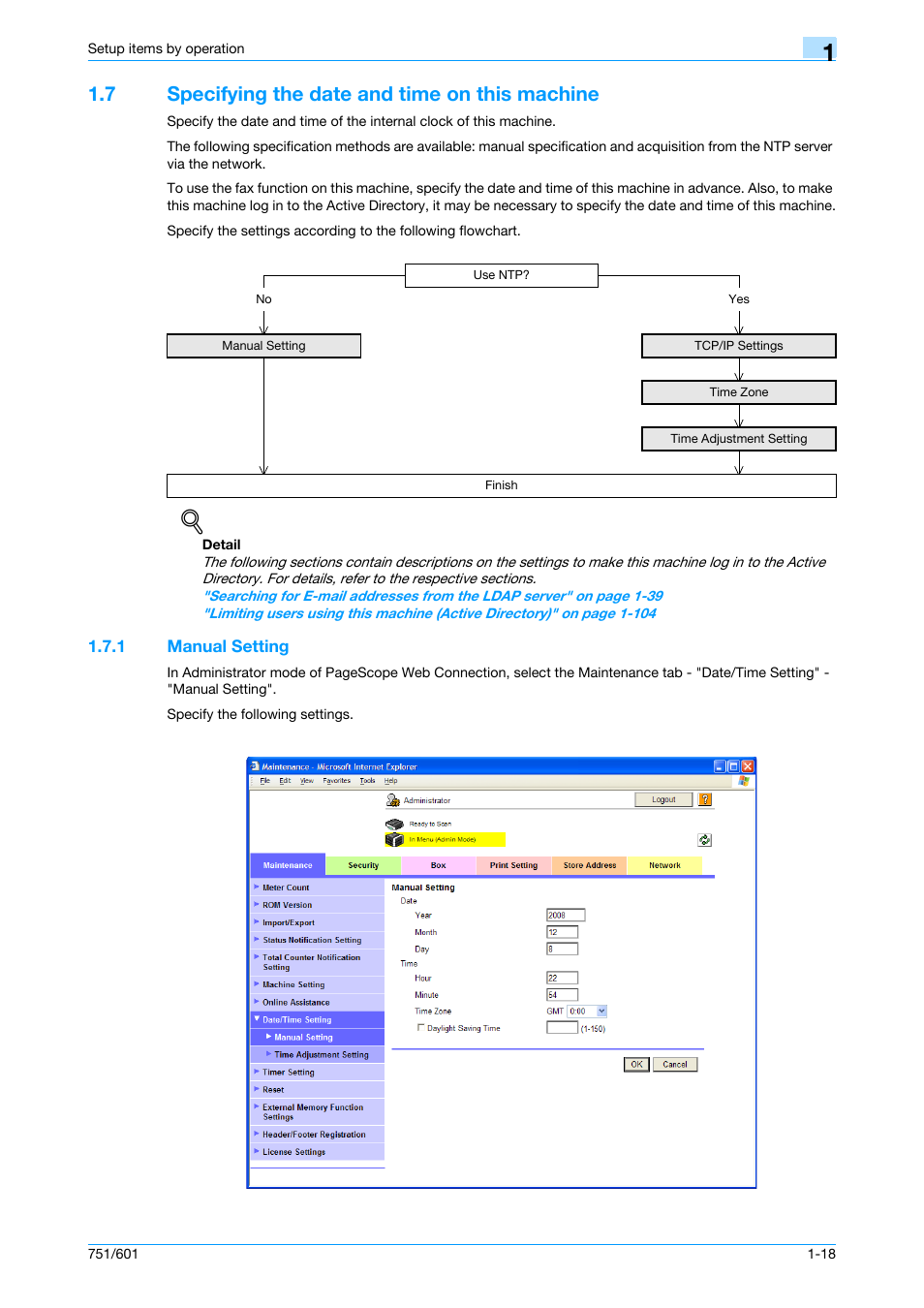 7 specifying the date and time on this machine, 1 manual setting, Specifying the date and time on this machine -18 | Manual setting -18 | Konica Minolta bizhub 601 User Manual | Page 31 / 233