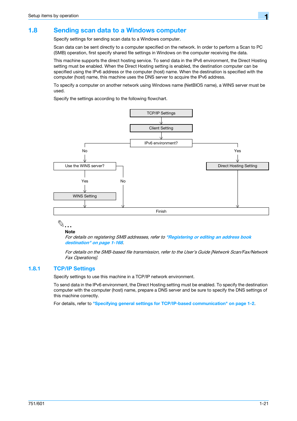 8 sending scan data to a windows computer, 1 tcp/ip settings, Sending scan data to a windows computer -21 | Tcp/ip settings -21 | Konica Minolta bizhub 601 User Manual | Page 34 / 233