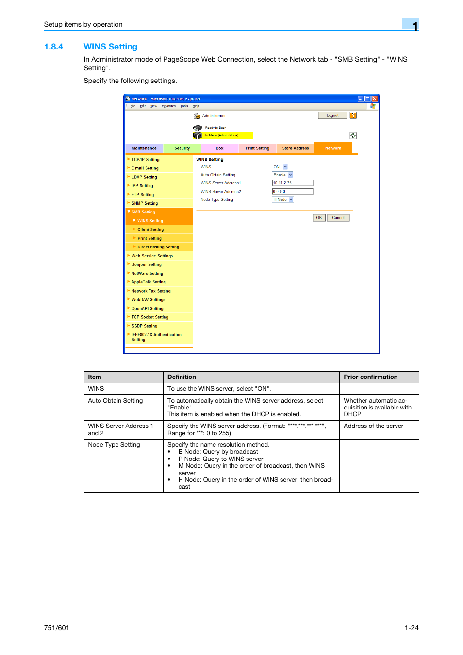 4 wins setting, Wins setting -24, Wins setting | Konica Minolta bizhub 601 User Manual | Page 37 / 233