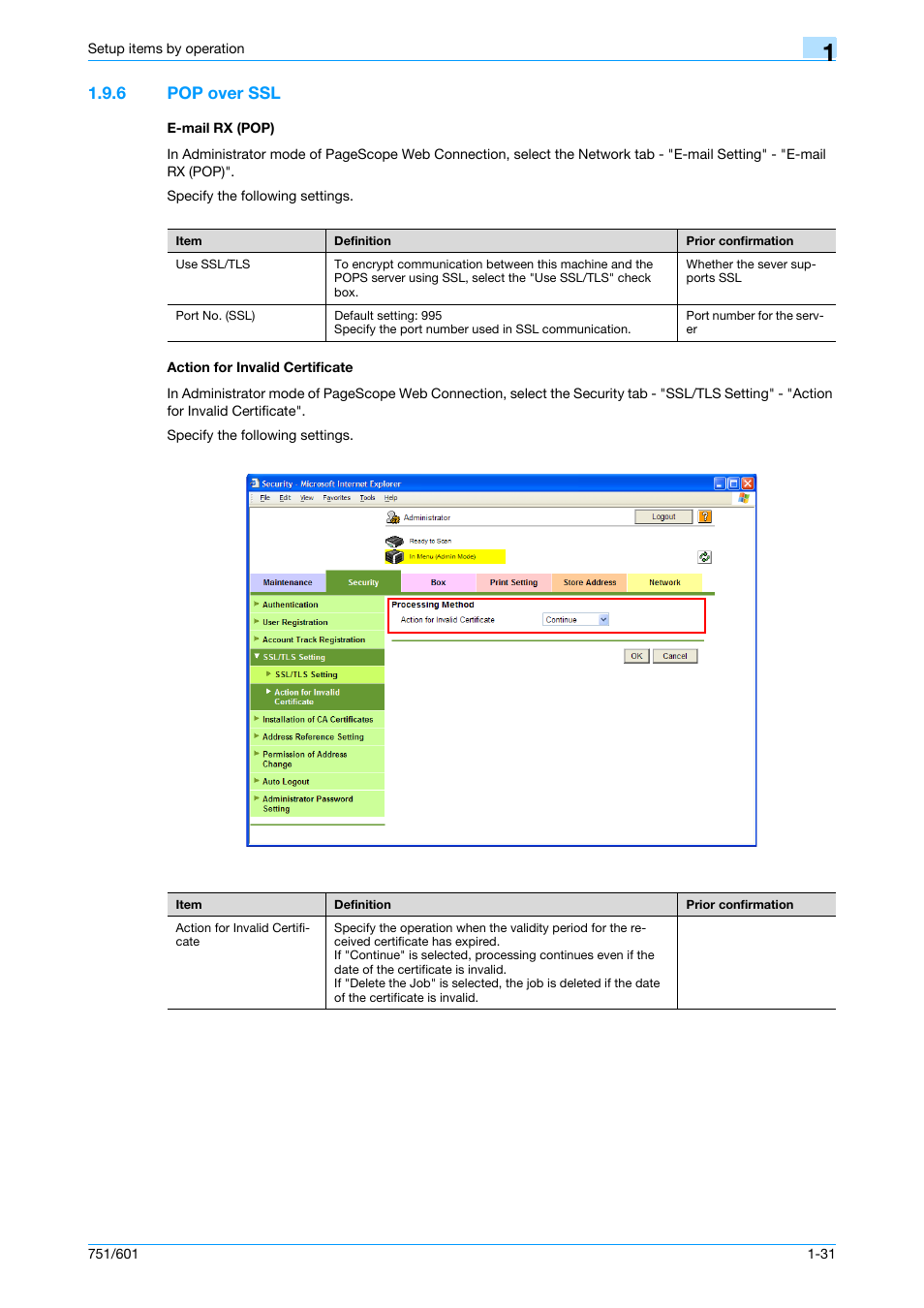 6 pop over ssl, E-mail rx (pop), Action for invalid certificate | Pop over ssl | Konica Minolta bizhub 601 User Manual | Page 44 / 233