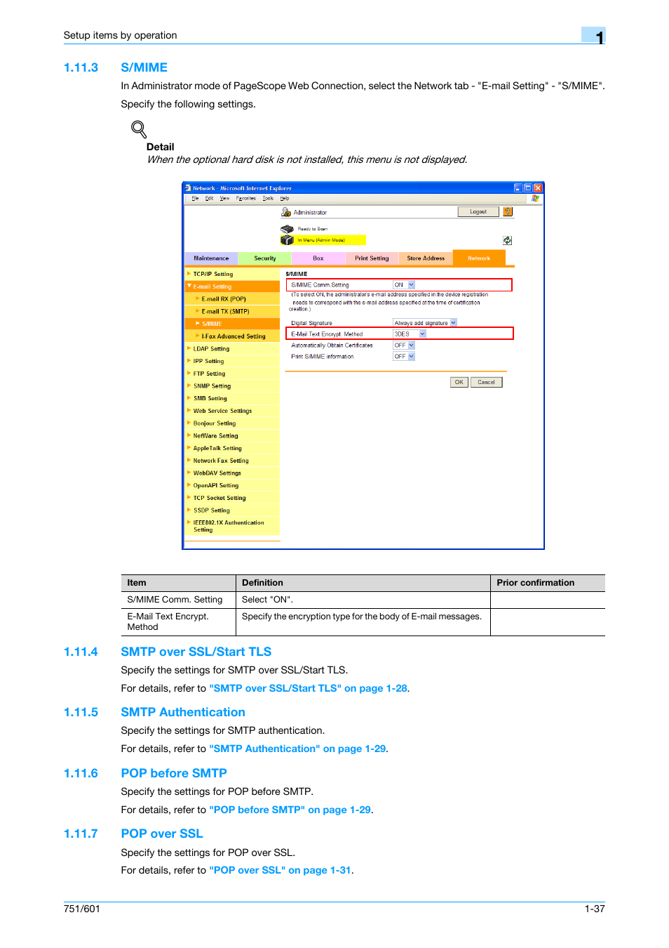 3 s/mime, 4 smtp over ssl/start tls, 5 smtp authentication | 6 pop before smtp, 7 pop over ssl, S/mime -37, Smtp over ssl/start tls -37, Smtp authentication -37, Pop before smtp -37, Pop over ssl -37 | Konica Minolta bizhub 601 User Manual | Page 50 / 233