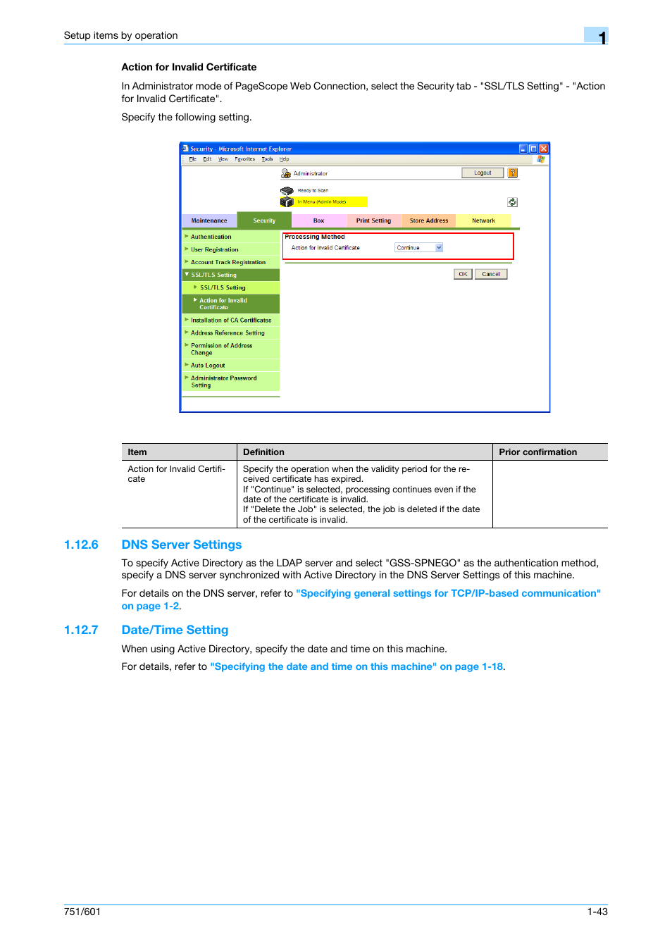 Action for invalid certificate, 6 dns server settings, 7 date/time setting | Action for invalid certificate -43, Dns server settings -43, Date/time setting -43, Dns server settings, Date/time setting | Konica Minolta bizhub 601 User Manual | Page 56 / 233