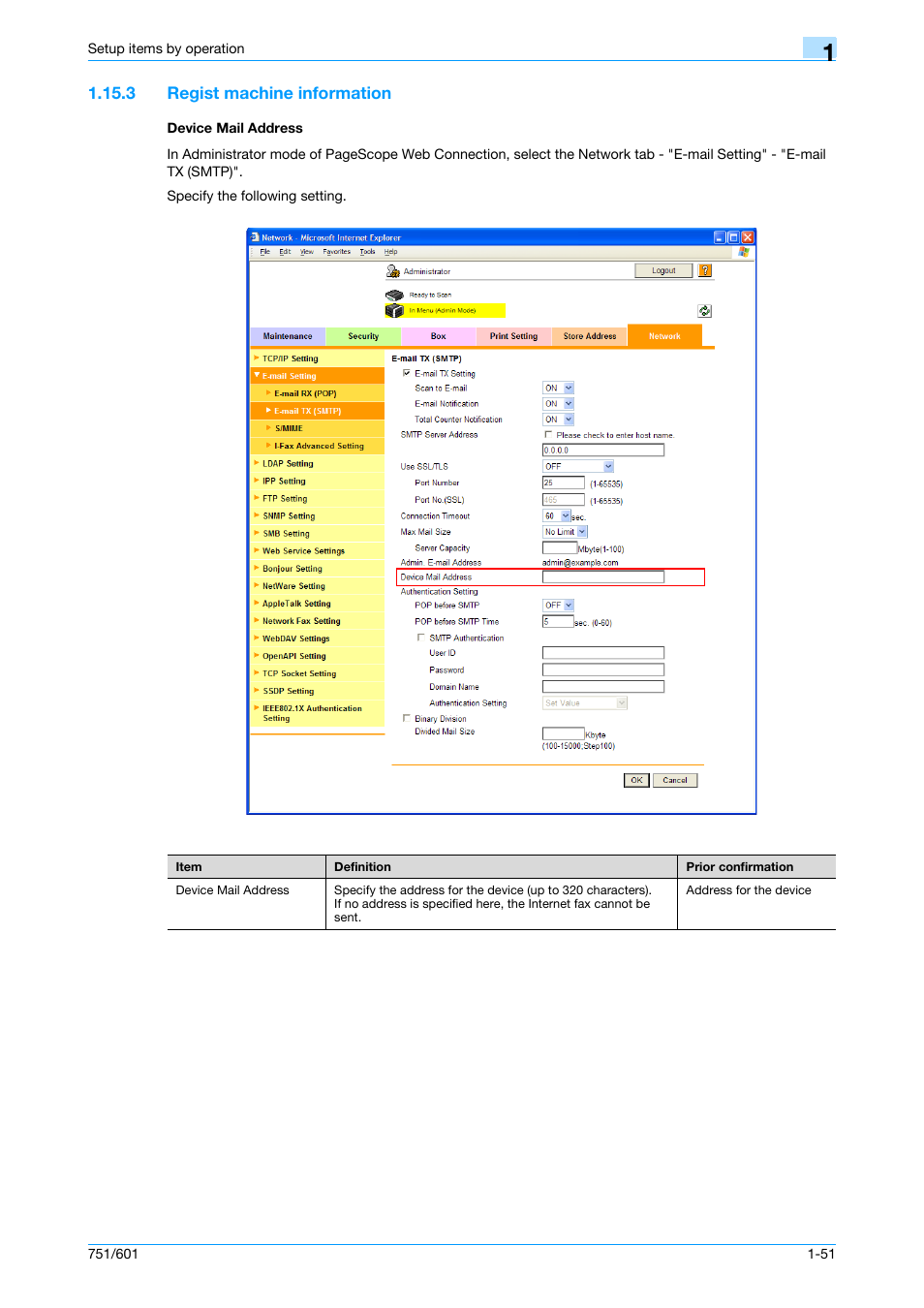 3 regist machine information, Device mail address, Regist machine informa | Tion | Konica Minolta bizhub 601 User Manual | Page 64 / 233