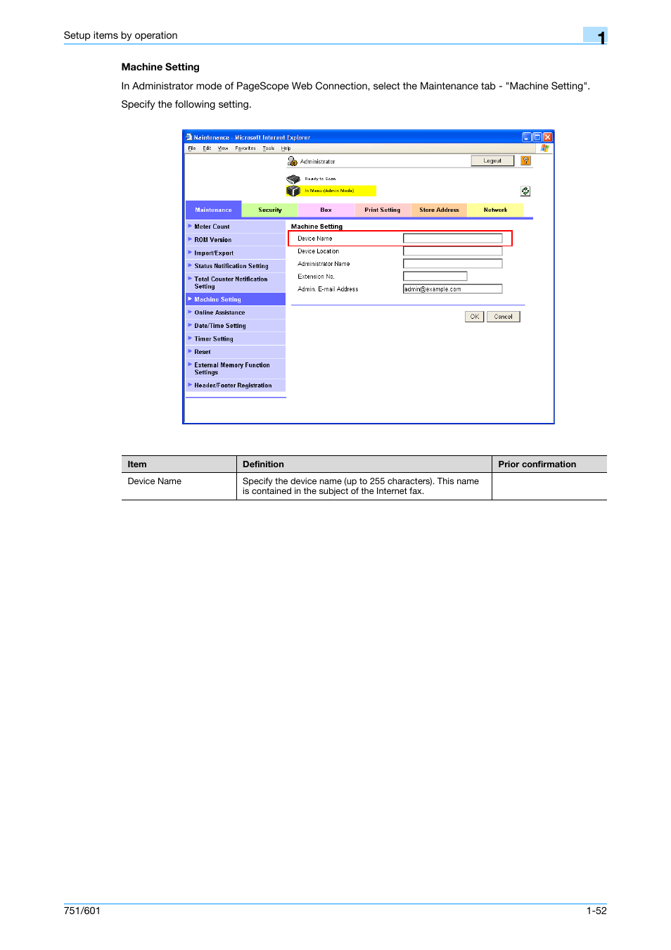 Machine setting, Machine setting -52 | Konica Minolta bizhub 601 User Manual | Page 65 / 233