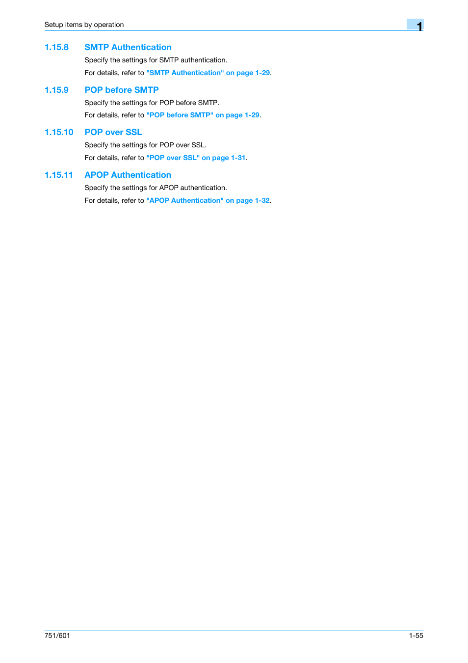 8 smtp authentication, 9 pop before smtp, 10 pop over ssl | 11 apop authentication, Smtp authentication -55, Pop before smtp -55, Pop over ssl -55, Apop authentication -55, Smtp authentication, Pop before smtp | Konica Minolta bizhub 601 User Manual | Page 68 / 233