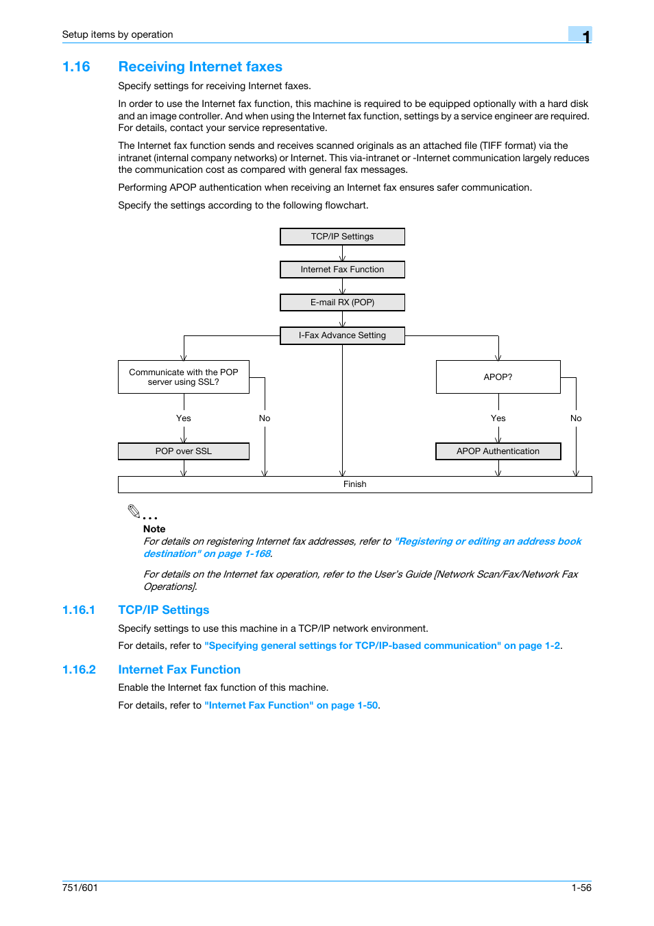 16 receiving internet faxes, 1 tcp/ip settings, 2 internet fax function | Receiving internet faxes -56, Tcp/ip settings -56, Internet fax function -56 | Konica Minolta bizhub 601 User Manual | Page 69 / 233