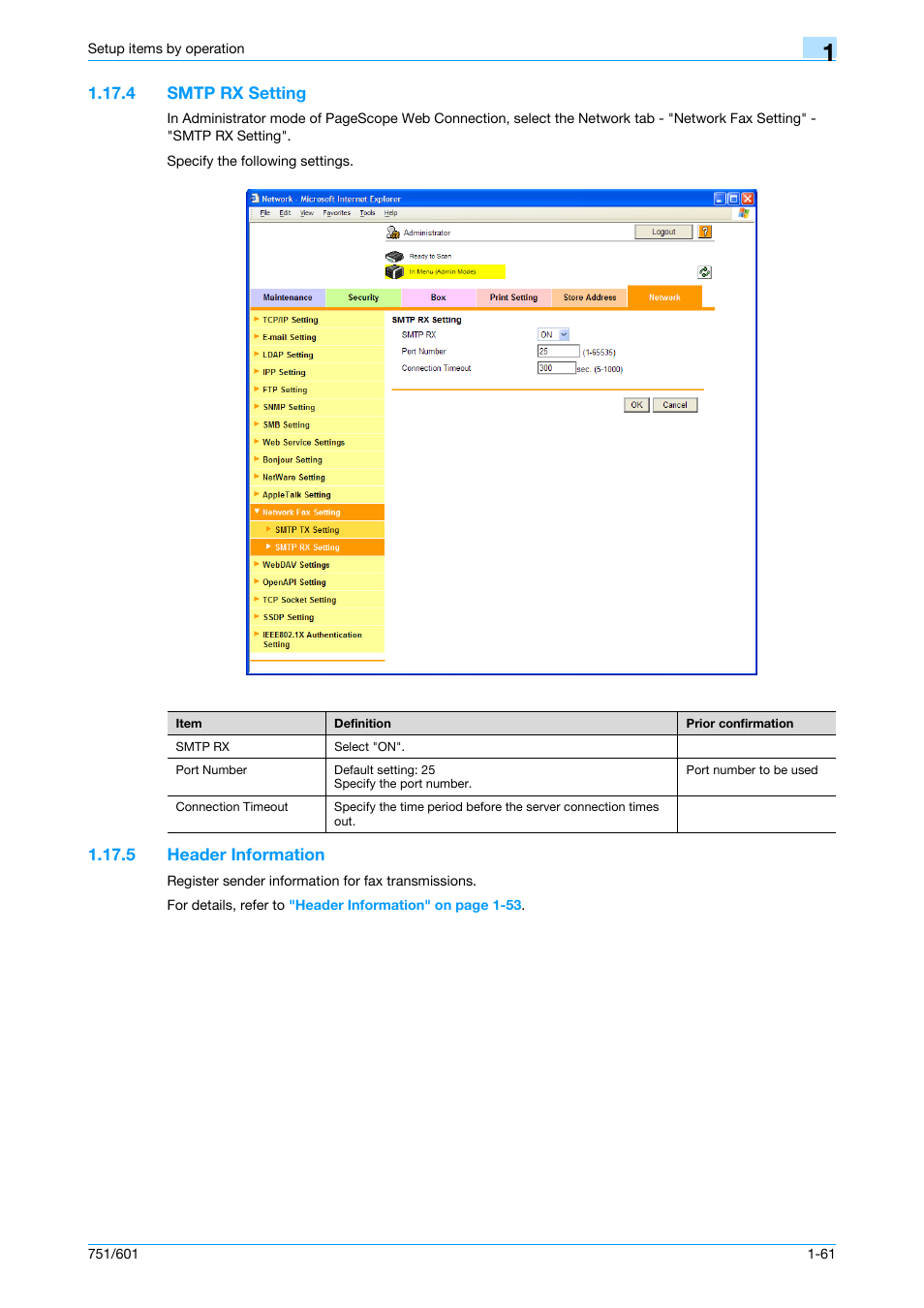 4 smtp rx setting, 5 header information, Smtp rx setting -61 | Header information -61, Smtp rx setting, Header information | Konica Minolta bizhub 601 User Manual | Page 74 / 233