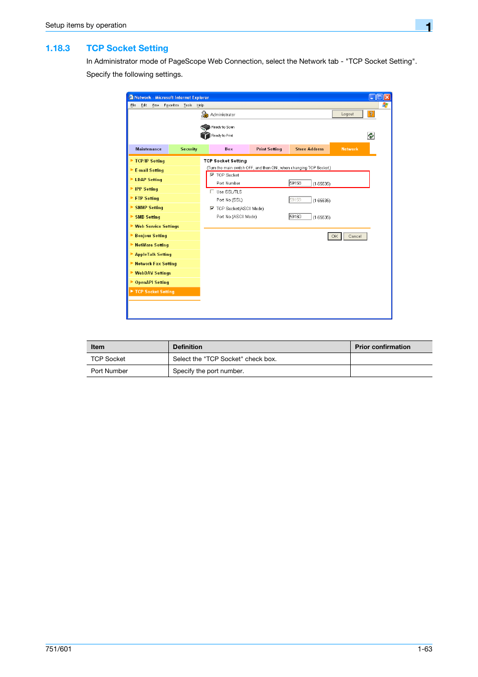 3 tcp socket setting, Tcp socket setting -63, Tcp socket setting | Konica Minolta bizhub 601 User Manual | Page 76 / 233