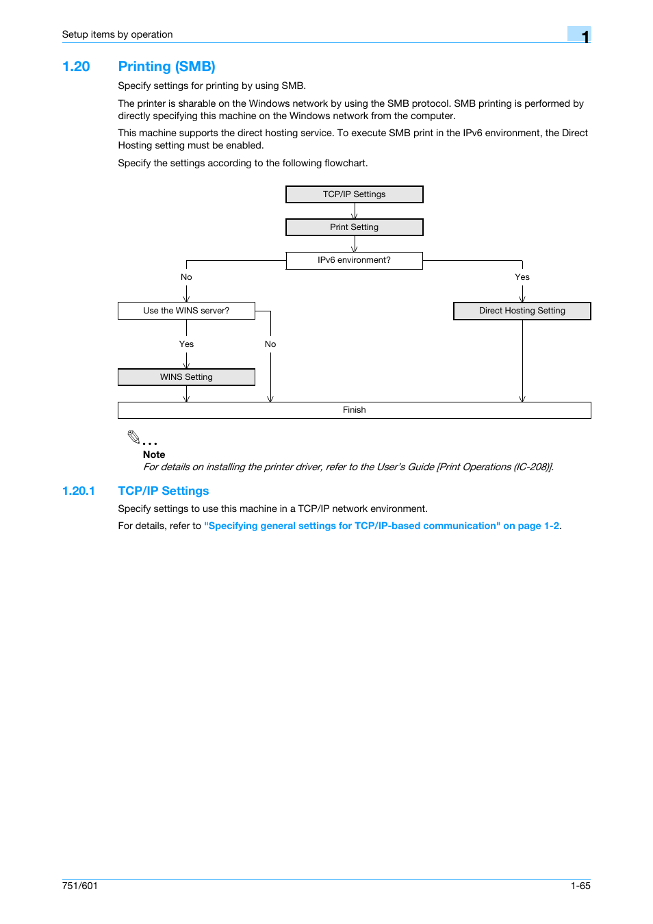 20 printing (smb), 1 tcp/ip settings, Printing (smb) -65 | Tcp/ip settings -65 | Konica Minolta bizhub 601 User Manual | Page 78 / 233