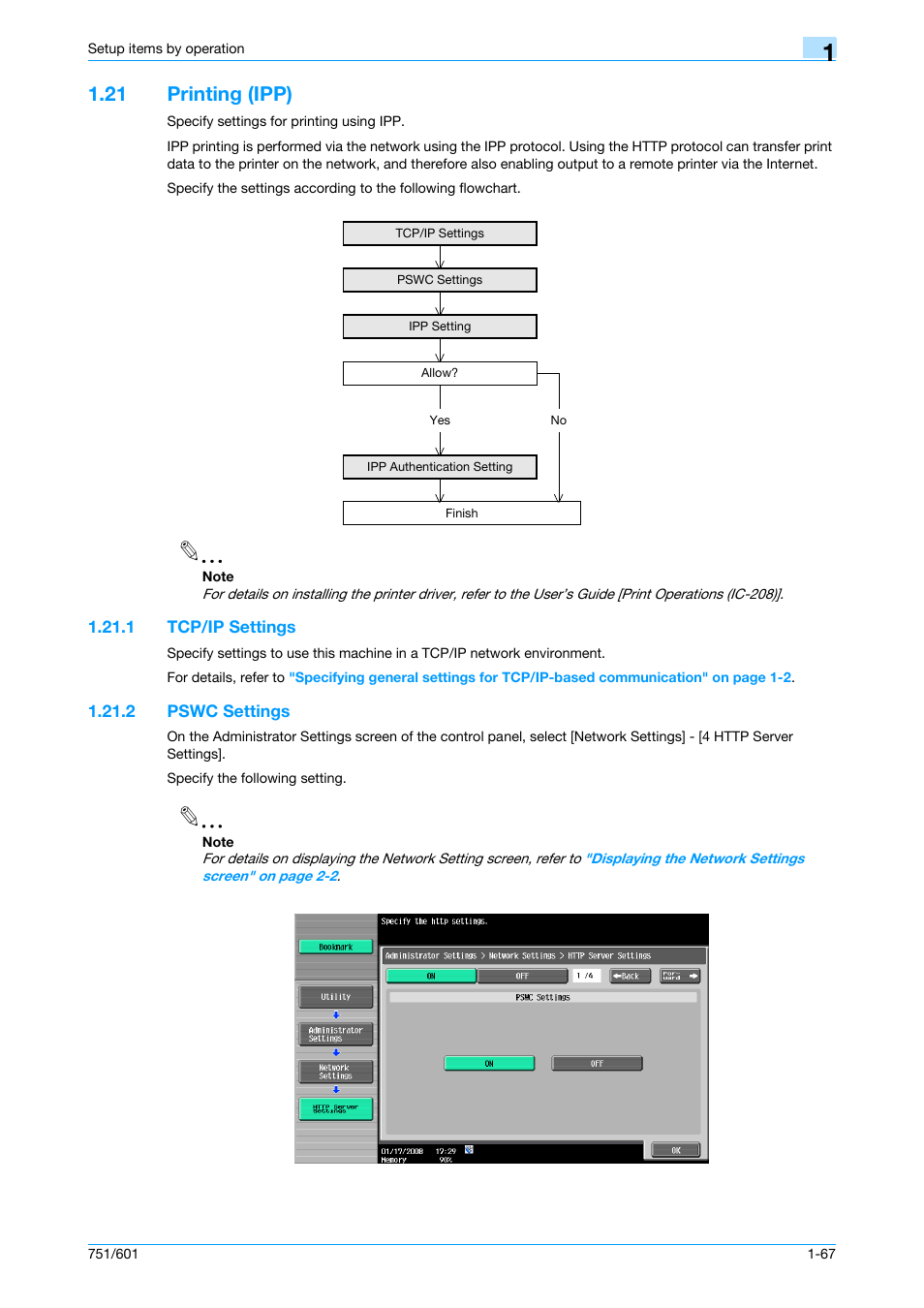 21 printing (ipp), 1 tcp/ip settings, 2 pswc settings | Printing (ipp) -67, Tcp/ip settings -67, Pswc settings -67 | Konica Minolta bizhub 601 User Manual | Page 80 / 233