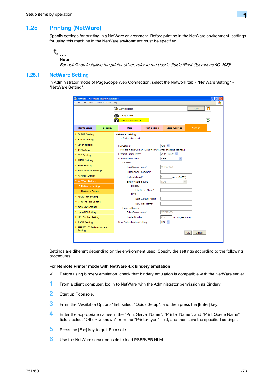 25 printing (netware), 1 netware setting, Printing (netware) -73 | Konica Minolta bizhub 601 User Manual | Page 86 / 233