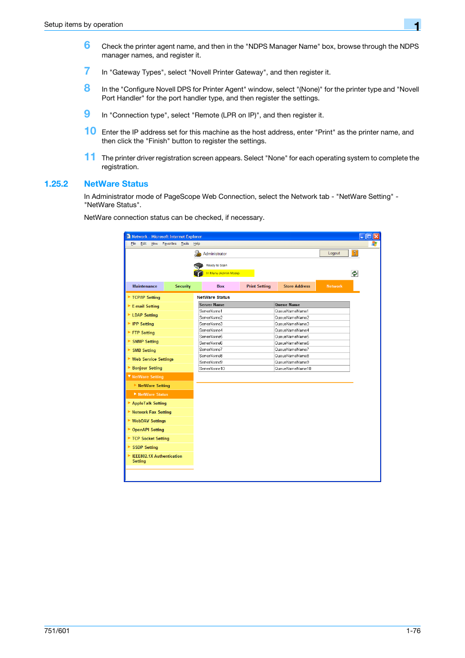 2 netware status, Netware status -76 | Konica Minolta bizhub 601 User Manual | Page 89 / 233