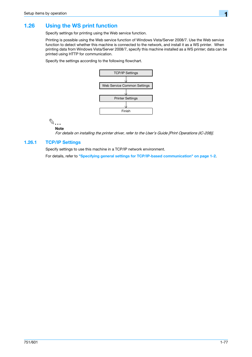 26 using the ws print function, 1 tcp/ip settings, Using the ws print function -77 | Tcp/ip settings -77 | Konica Minolta bizhub 601 User Manual | Page 90 / 233