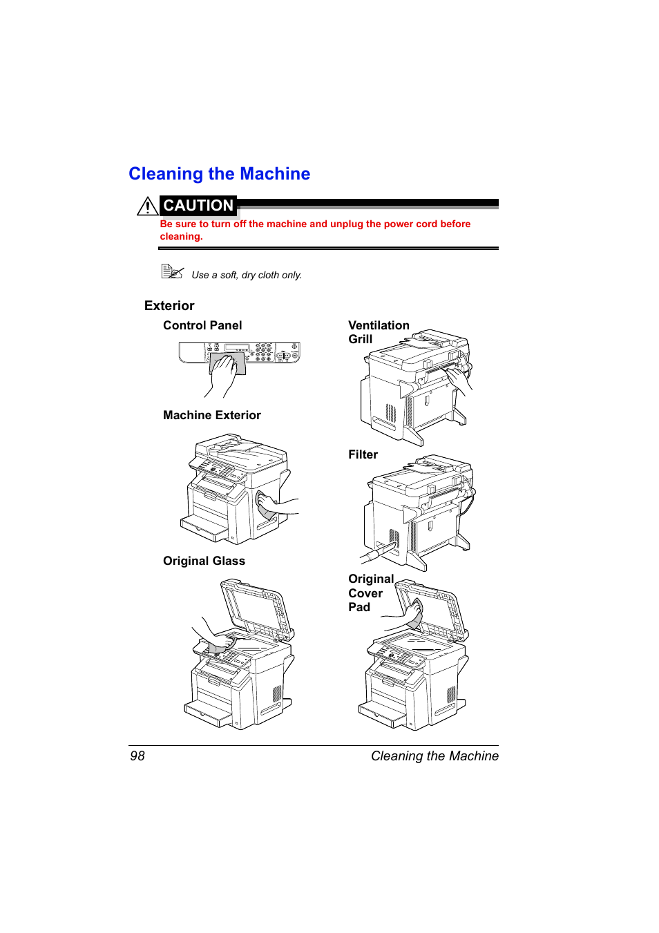 Cleaning the machine, Exterior, Cleaning the machine 98 | Exterior 98 | Konica Minolta Magicolor 2480MF User Manual | Page 110 / 182
