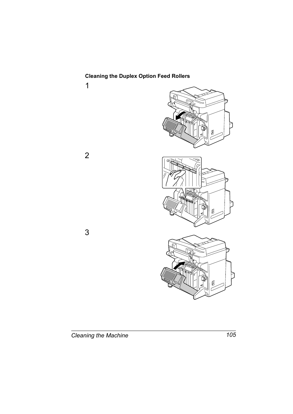 Cleaning the duplex option feed rollers, Cleaning the duplex option feed rollers 105 | Konica Minolta Magicolor 2480MF User Manual | Page 117 / 182