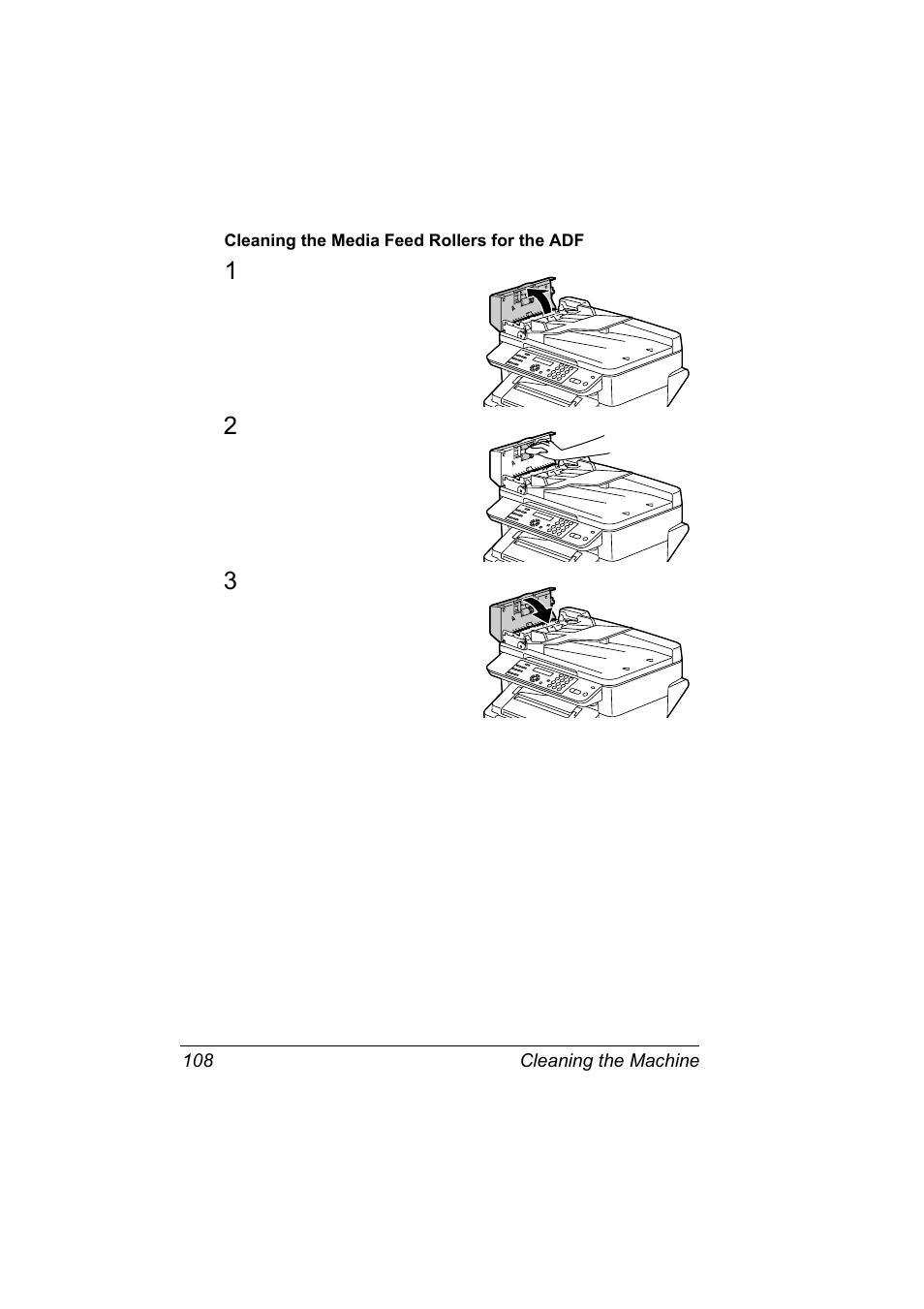 Cleaning the media feed rollers for the adf, Cleaning the media feed rollers for the adf 108 | Konica Minolta Magicolor 2480MF User Manual | Page 120 / 182