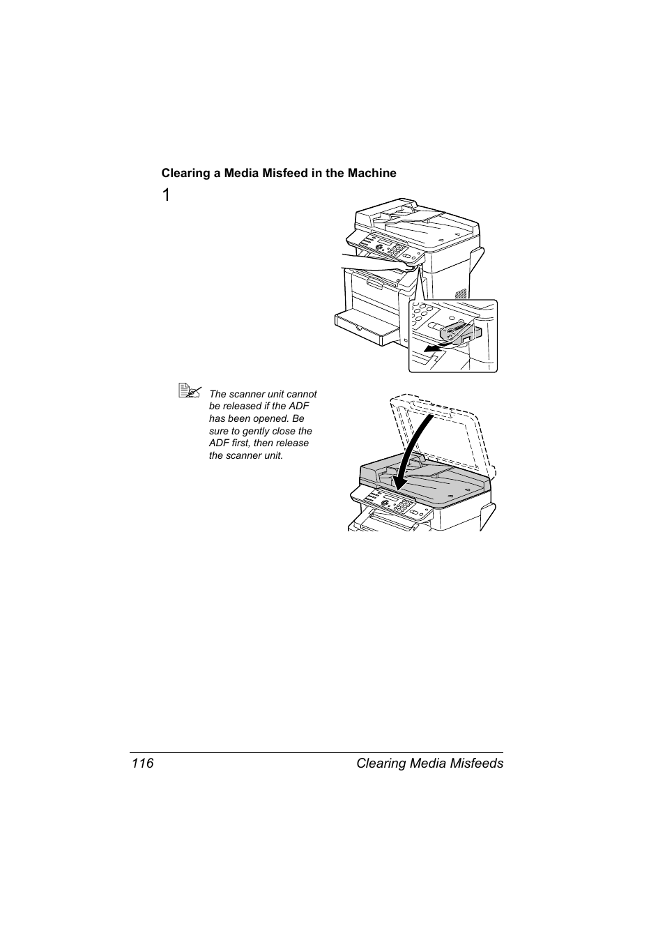 Clearing a media misfeed in the machine, Clearing a media misfeed in the machine 116 | Konica Minolta Magicolor 2480MF User Manual | Page 128 / 182