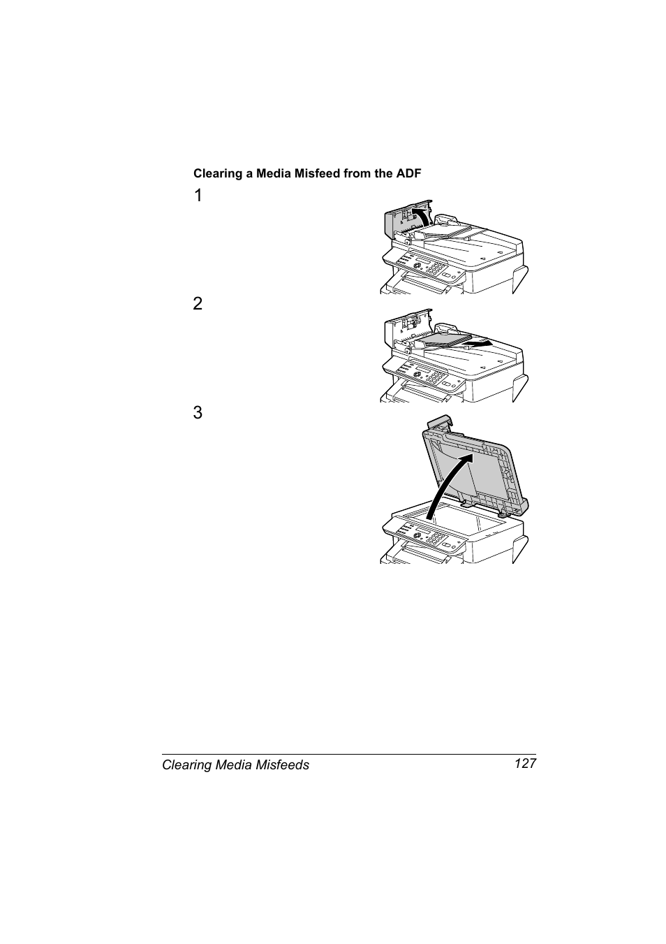 Clearing a media misfeed from the adf, Clearing a media misfeed from the adf 127 | Konica Minolta Magicolor 2480MF User Manual | Page 139 / 182