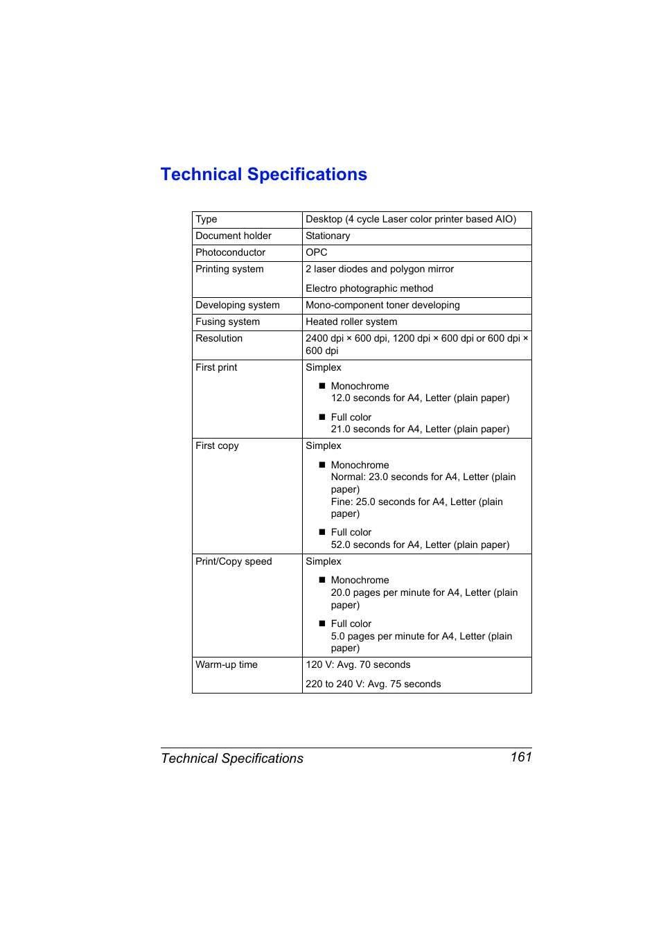 Technical specifications, Technical specifications 161 | Konica Minolta Magicolor 2480MF User Manual | Page 173 / 182