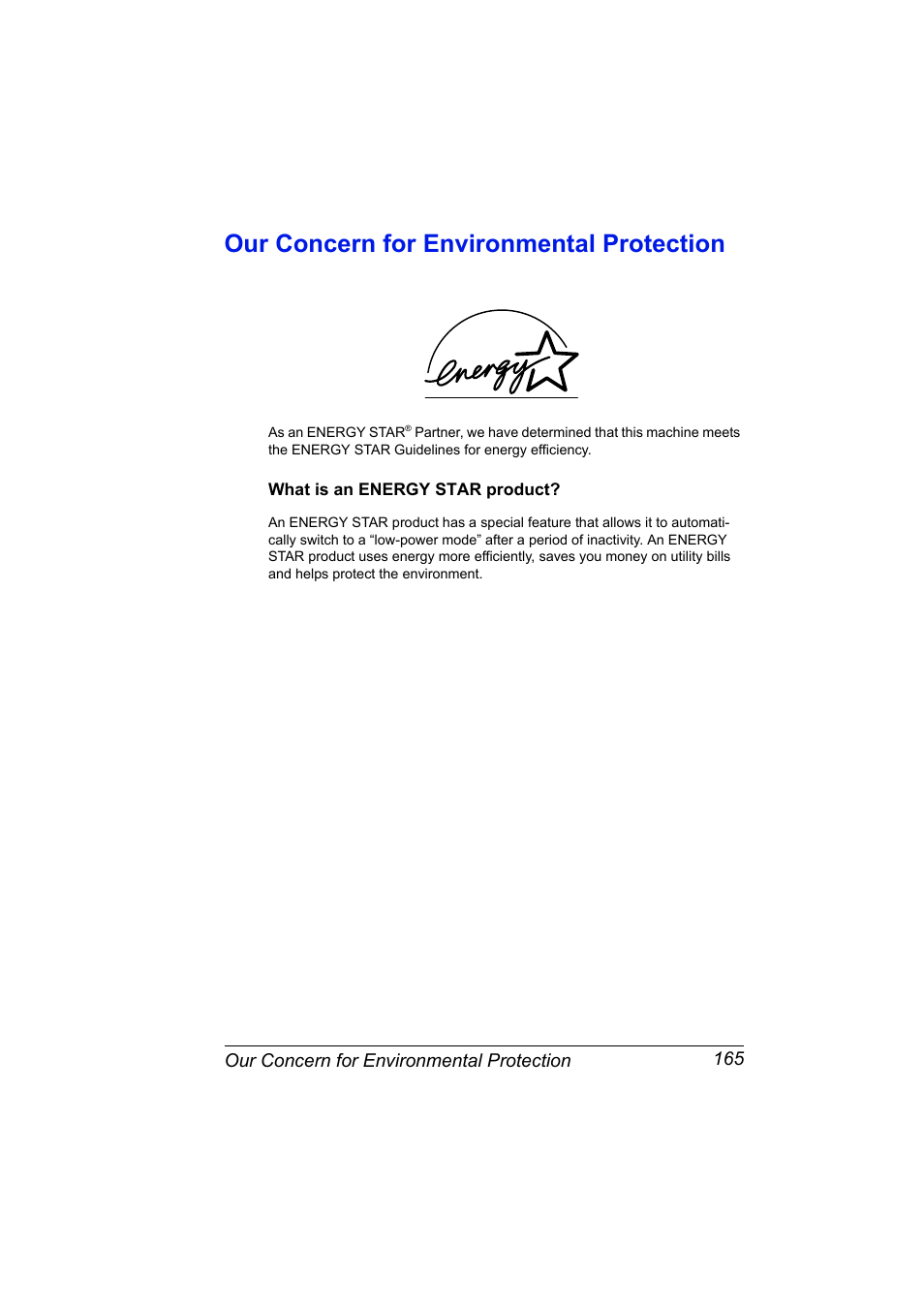 Our concern for environmental protection, What is an energy star product, Our concern for environmental protection 165 | What is an energy star product? 165 | Konica Minolta Magicolor 2480MF User Manual | Page 177 / 182