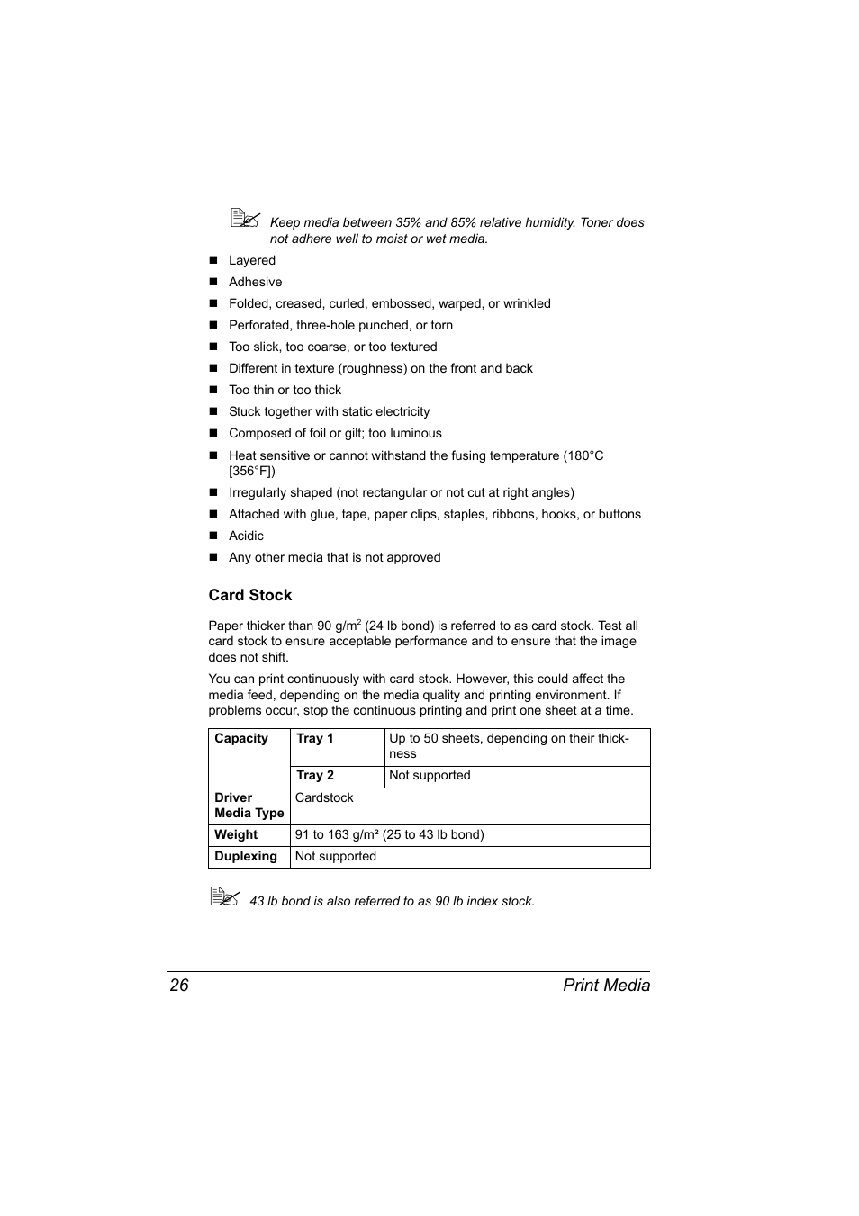 Card stock, Card stock 26, Print media 26 | Konica Minolta Magicolor 2480MF User Manual | Page 38 / 182