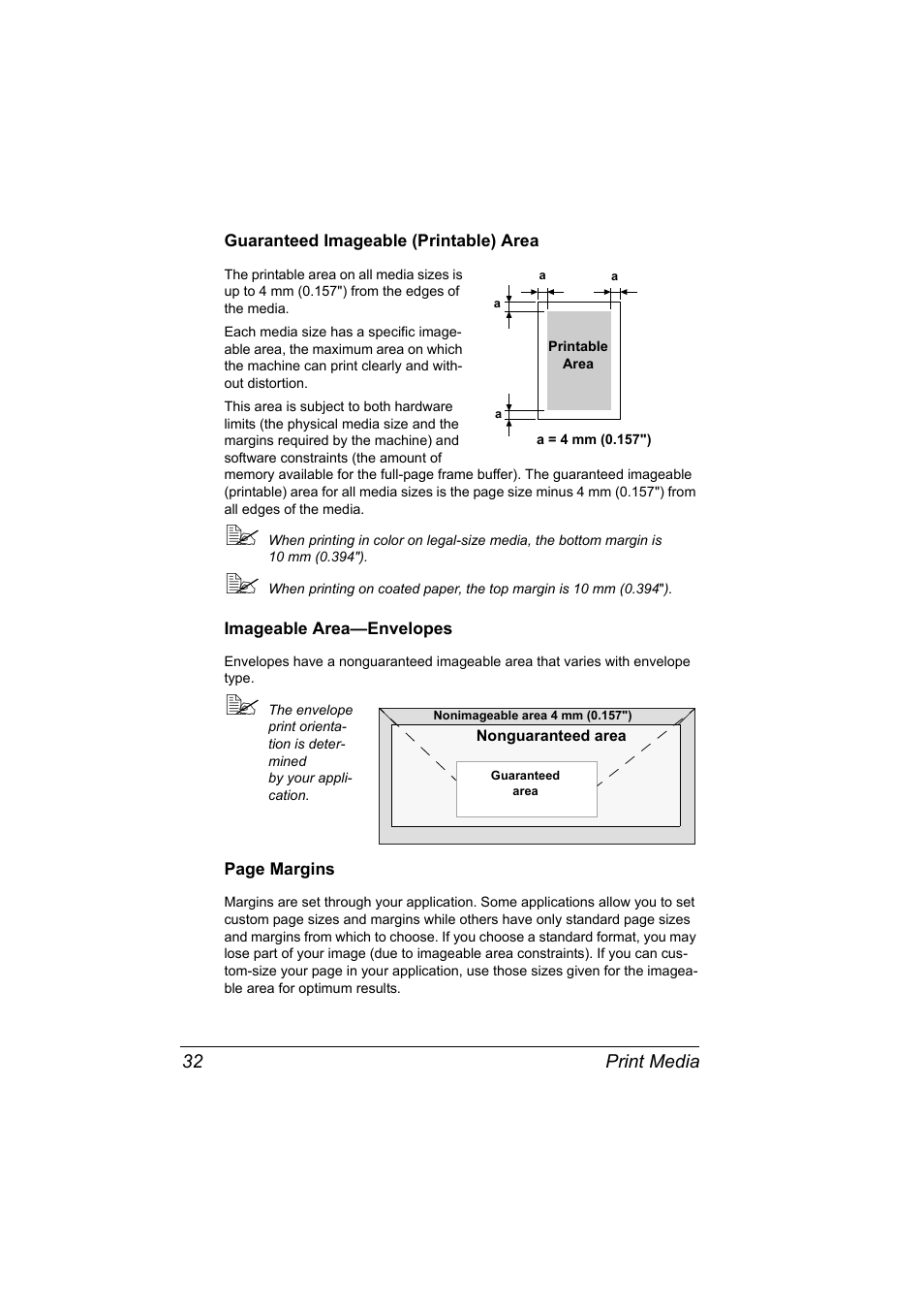Guaranteed imageable (printable) area, Imageable area-envelopes | Konica Minolta Magicolor 2480MF User Manual | Page 44 / 182