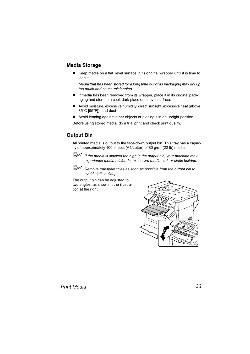 Media storage, Output bin, Media storage 33 output bin 33 | Konica Minolta Magicolor 2480MF User Manual | Page 45 / 182