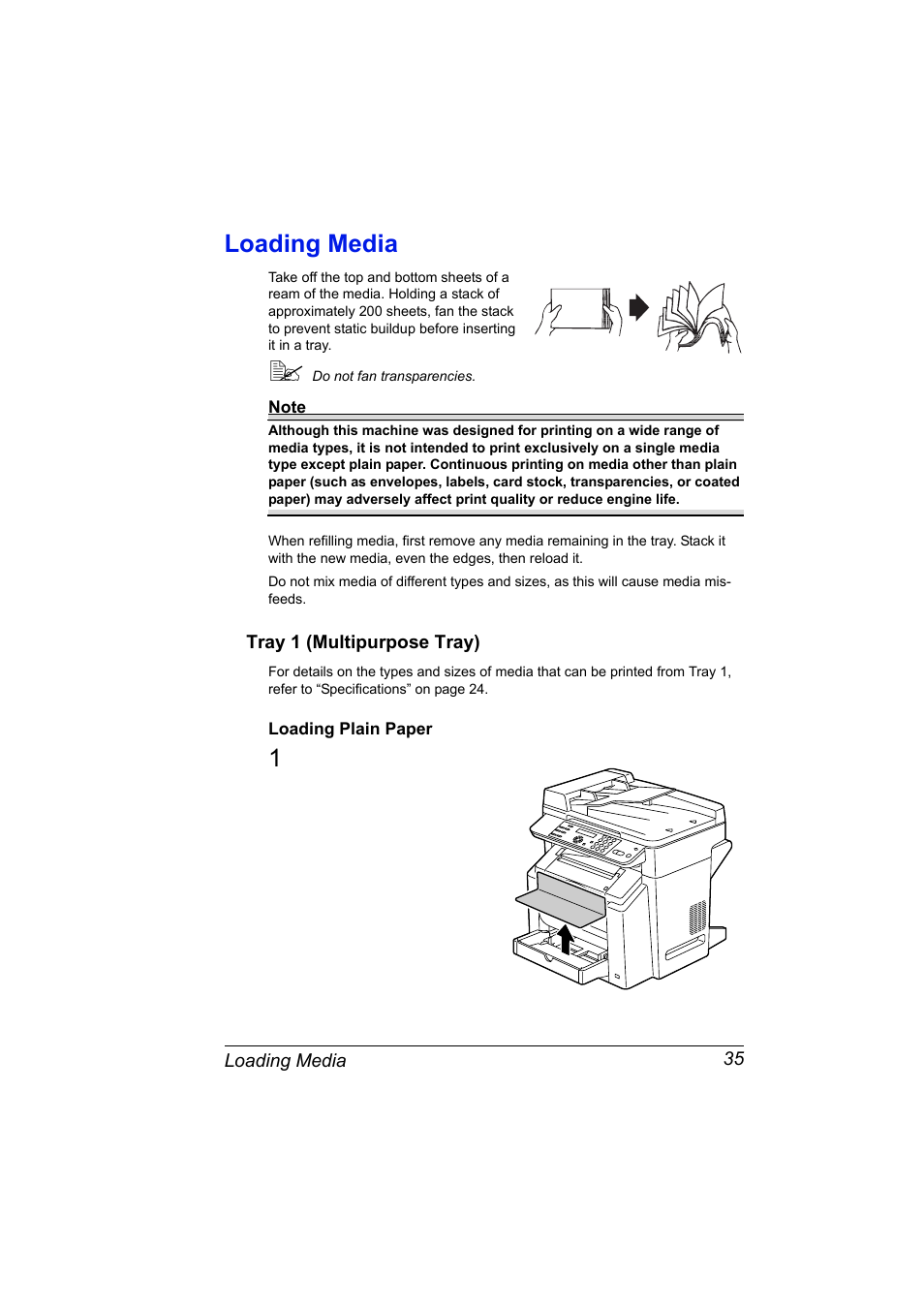 Loading media, Tray 1 (multipurpose tray), Loading plain paper | Loading media 35, Tray 1 (multipurpose tray) 35, Loading plain paper 35 | Konica Minolta Magicolor 2480MF User Manual | Page 47 / 182