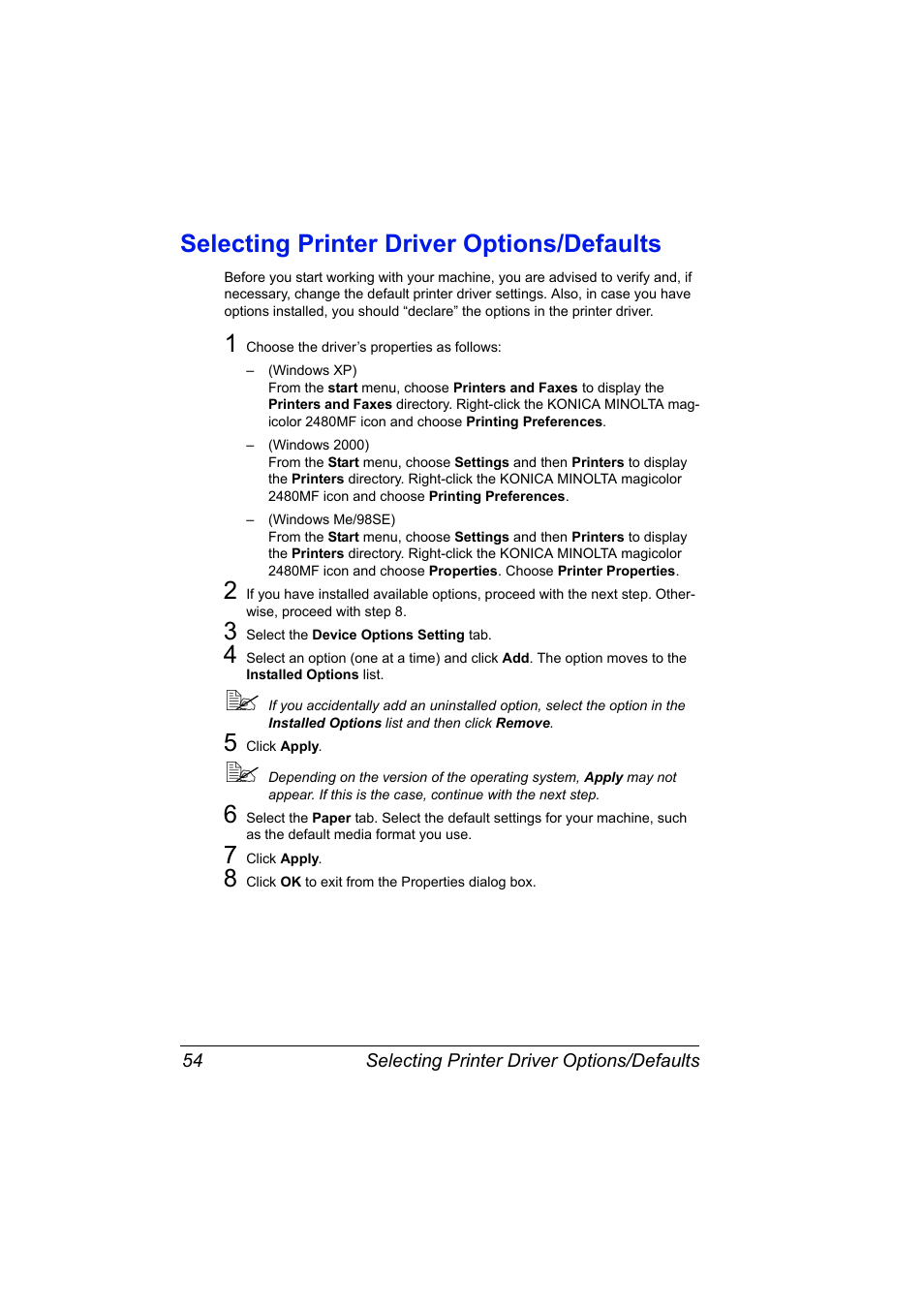 Selecting printer driver options/defaults, Selecting printer driver options/defaults 54 | Konica Minolta Magicolor 2480MF User Manual | Page 66 / 182