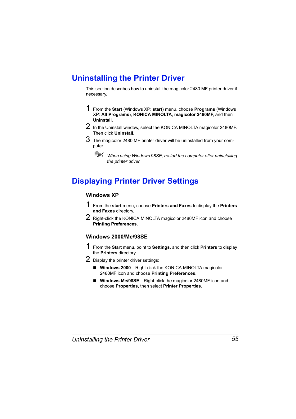 Uninstalling the printer driver, Displaying printer driver settings, Windows xp | Windows 2000/me/98se, Windows xp 55 windows 2000/me/98se 55 | Konica Minolta Magicolor 2480MF User Manual | Page 67 / 182