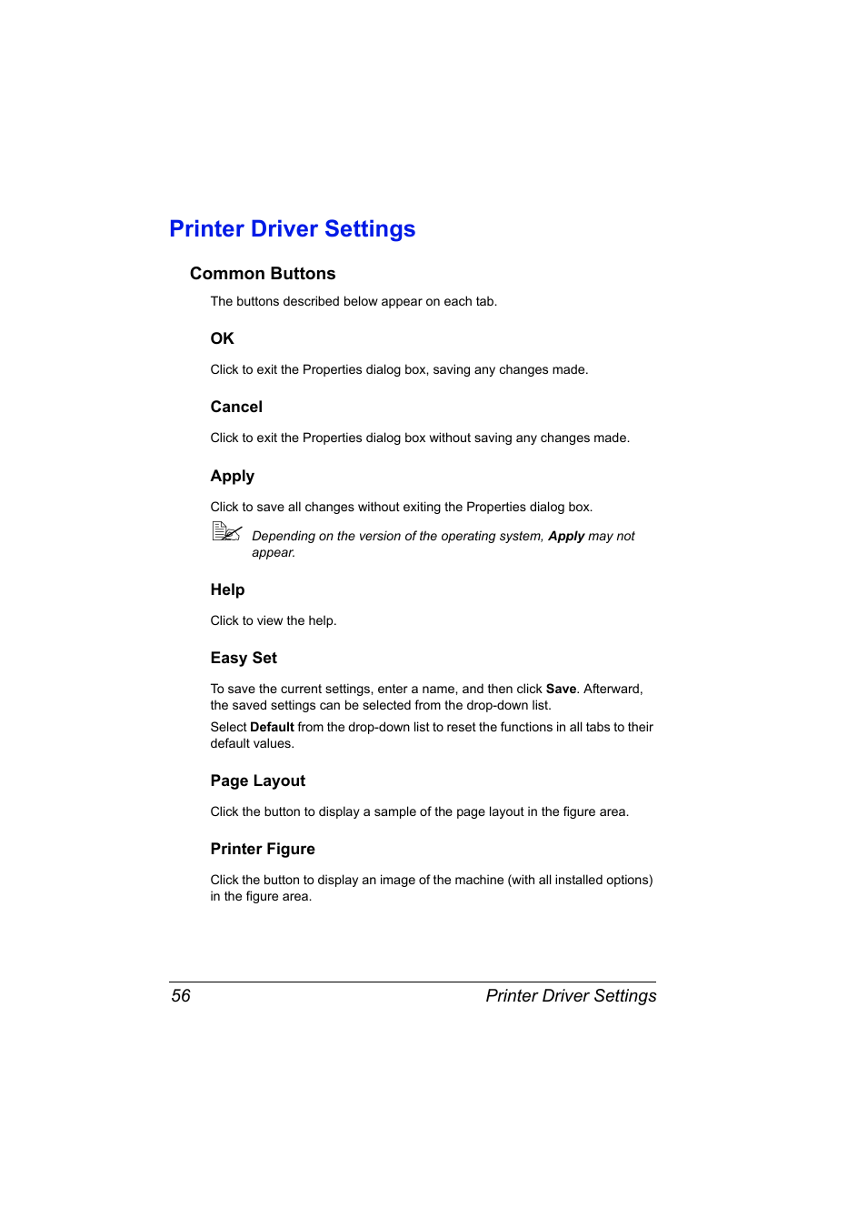 Printer driver settings, Common buttons, Cancel | Apply, Help, Easy set, Printer figure, Printer driver settings 56, Common buttons 56 | Konica Minolta Magicolor 2480MF User Manual | Page 68 / 182