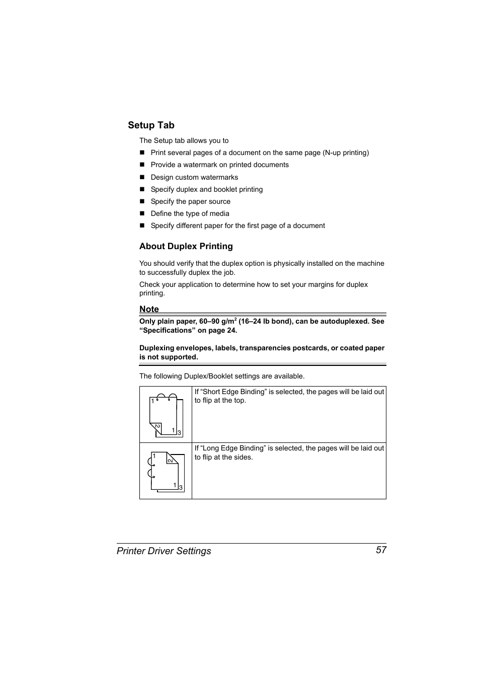 Setup tab, About duplex printing, Setup tab 57 | About duplex printing 57, Printer driver settings 57 setup tab | Konica Minolta Magicolor 2480MF User Manual | Page 69 / 182