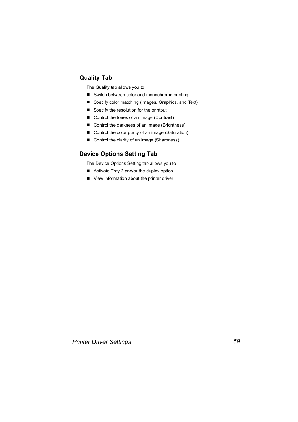 Quality tab, Device options setting tab, Quality tab 59 device options setting tab 59 | Printer driver settings 59 quality tab | Konica Minolta Magicolor 2480MF User Manual | Page 71 / 182