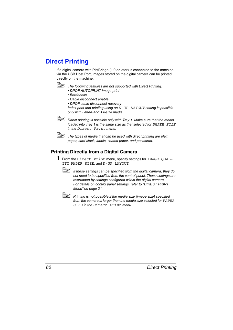 Direct printing, Printing directly from a digital camera, Direct printing 62 | Printing directly from a digital camera 62 | Konica Minolta Magicolor 2480MF User Manual | Page 74 / 182