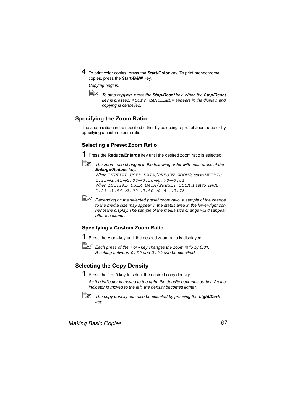 Specifying the zoom ratio, Selecting a preset zoom ratio, Specifying a custom zoom ratio | Selecting the copy density, Specifying the zoom ratio 67, Selecting the copy density 67 | Konica Minolta Magicolor 2480MF User Manual | Page 79 / 182