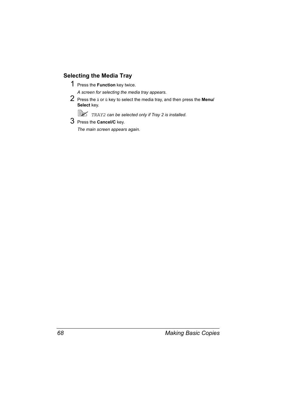 Selecting the media tray, Selecting the media tray 68 | Konica Minolta Magicolor 2480MF User Manual | Page 80 / 182