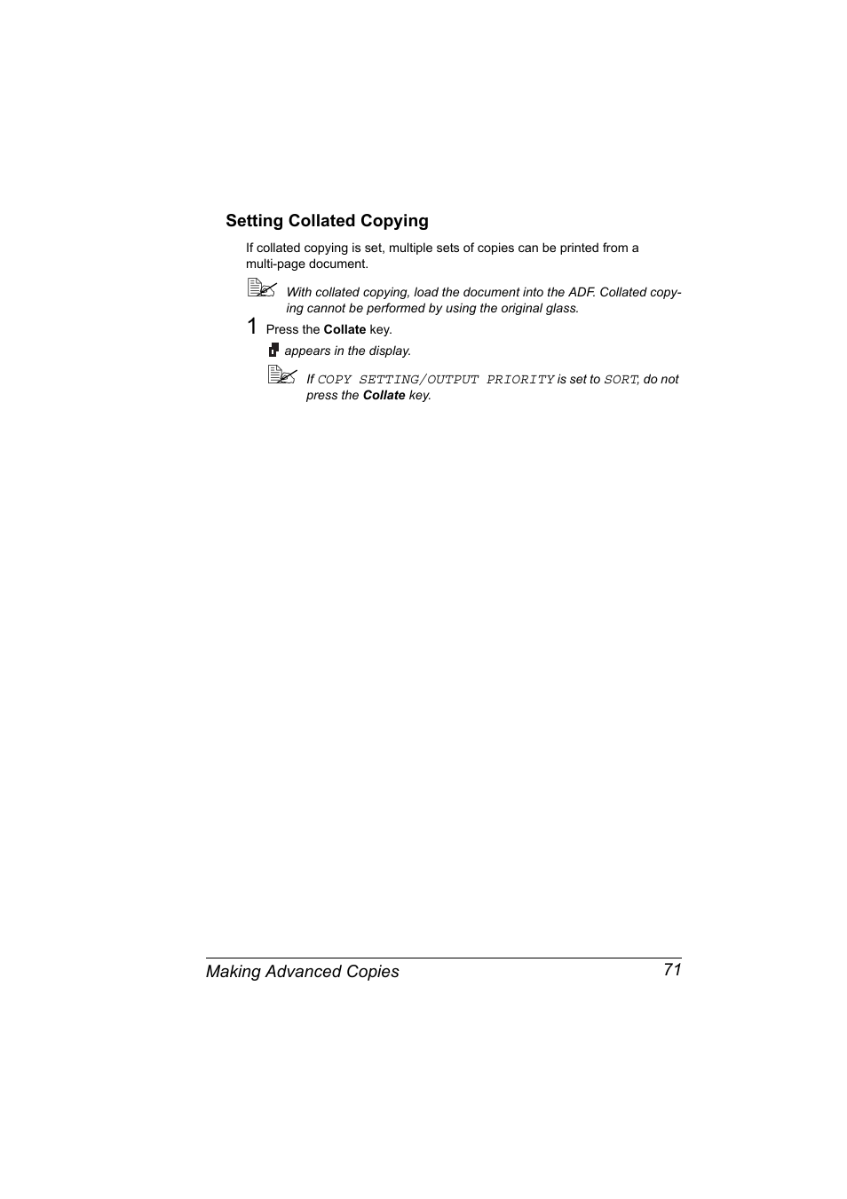 Setting collated copying, Setting collated copying 71 | Konica Minolta Magicolor 2480MF User Manual | Page 83 / 182