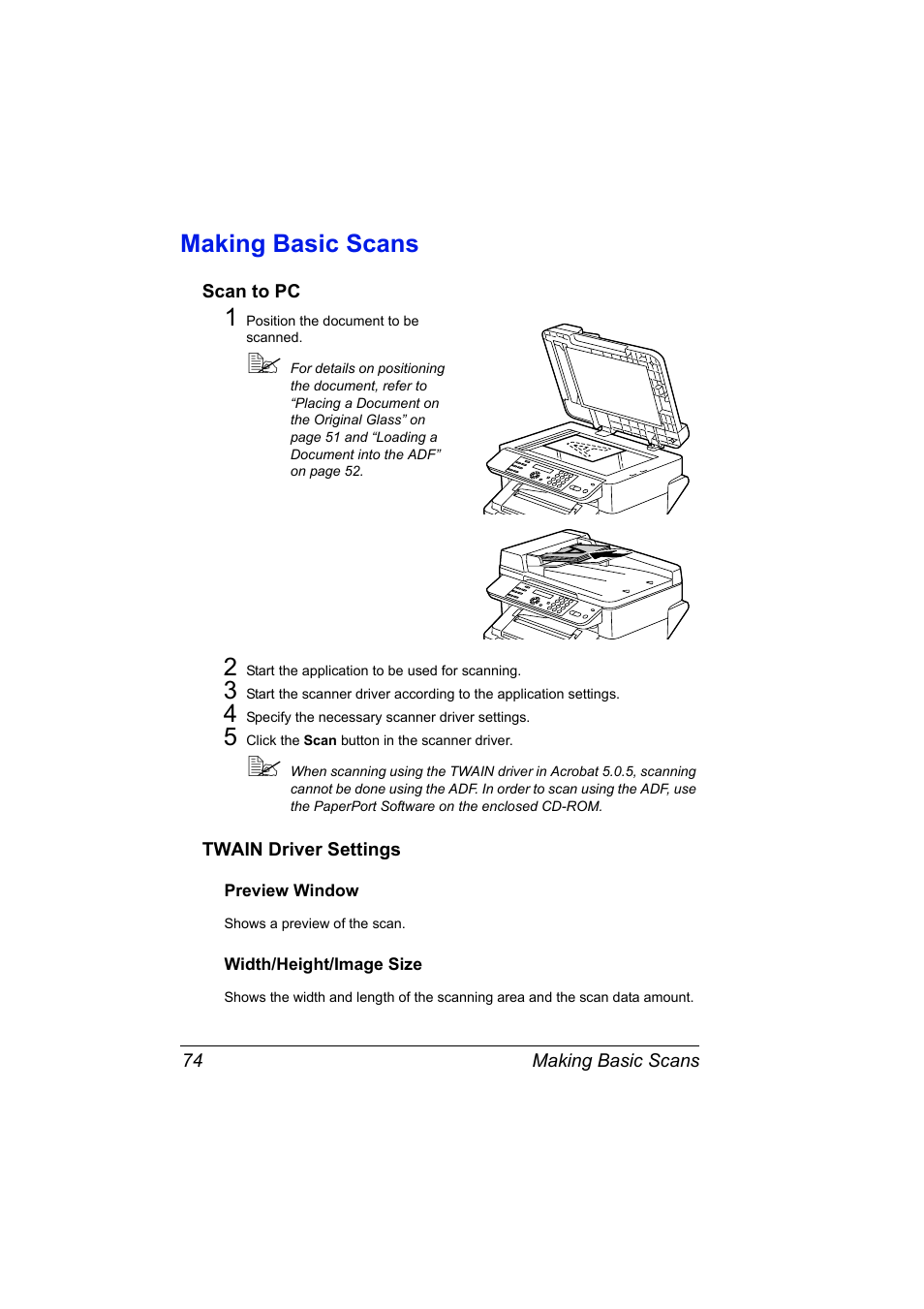 Making basic scans, Scan to pc, Twain driver settings | Preview window, Width/height/image size, Making basic scans 74, Scan to pc 74 twain driver settings 74, Preview window 74 width/height/image size 74 | Konica Minolta Magicolor 2480MF User Manual | Page 86 / 182