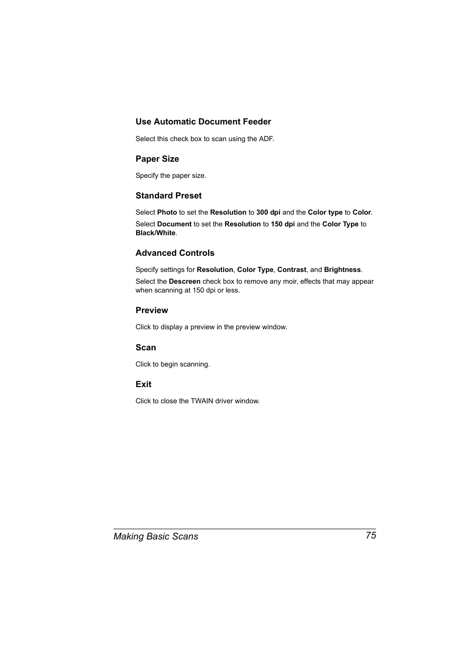 Use automatic document feeder, Paper size, Standard preset | Advanced controls, Preview, Scan, Exit, Use automatic document feeder 75 | Konica Minolta Magicolor 2480MF User Manual | Page 87 / 182