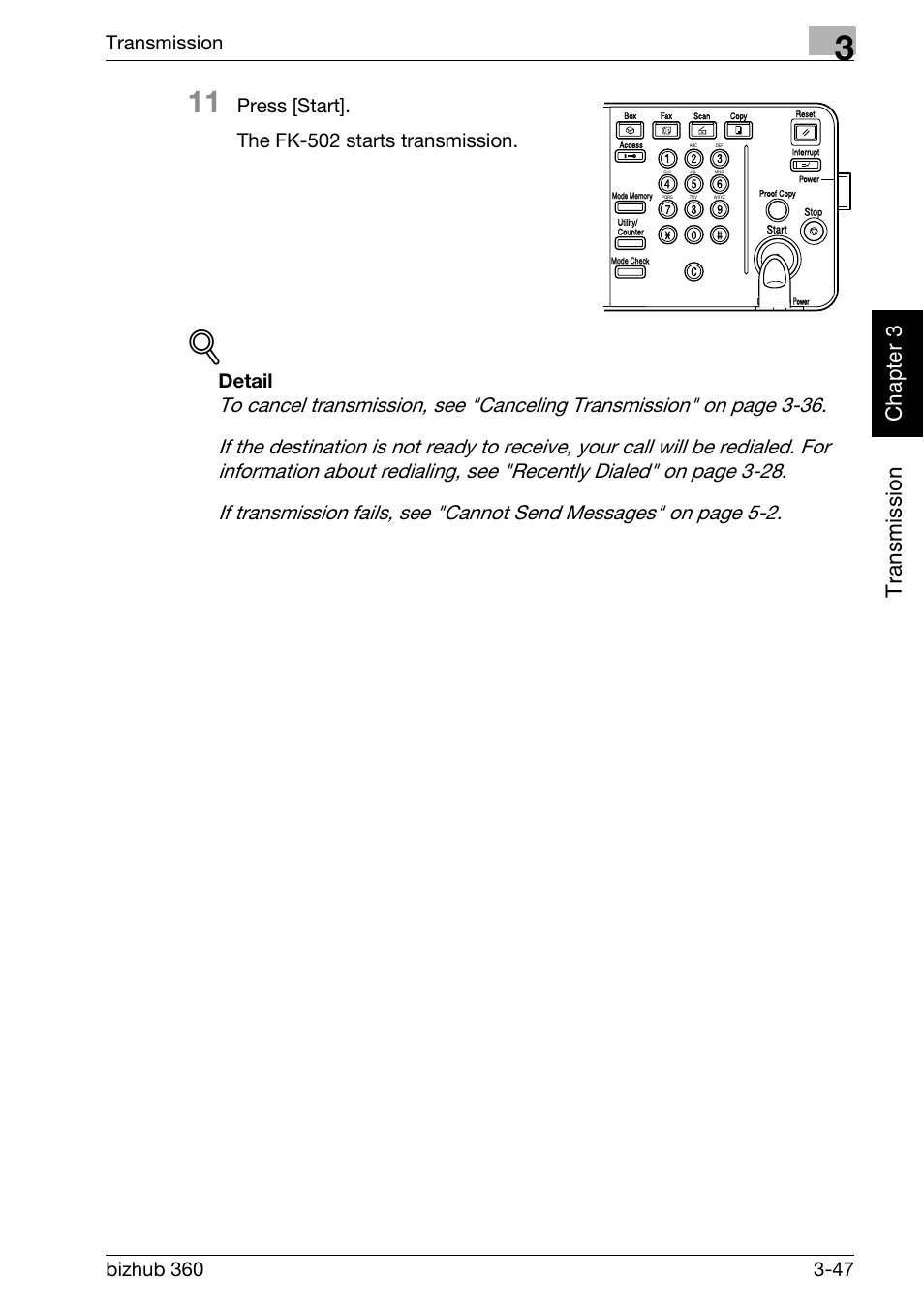 Tr an sm iss ion chapter 3, Transmission, Press [start]. the fk-502 starts transmission | Detail | Konica Minolta FK-502 User Manual | Page 104 / 458