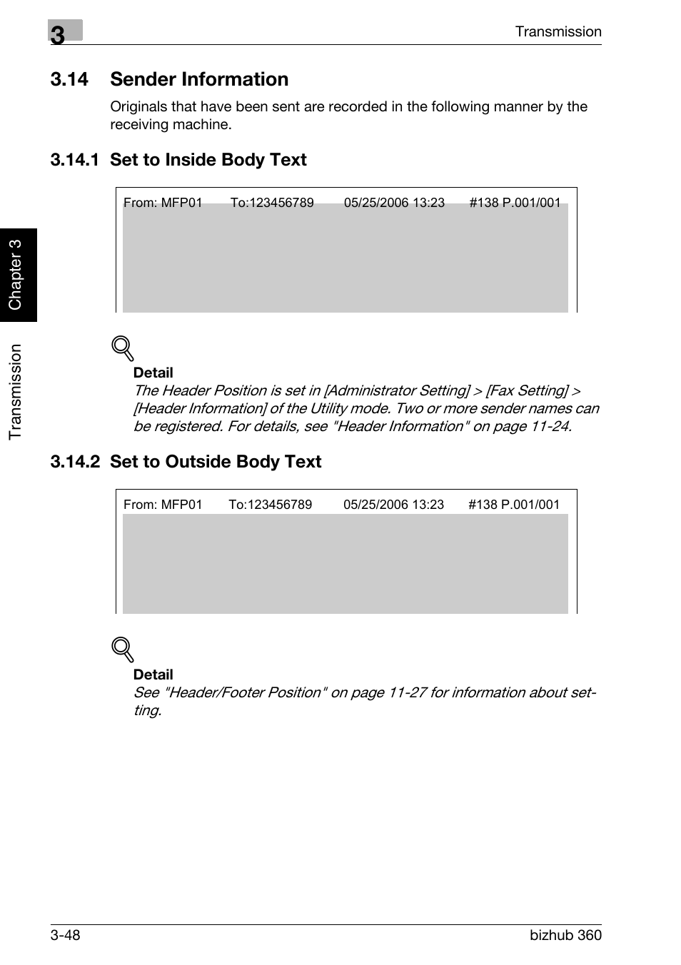 14 sender information, 1 set to inside body text, 2 set to outside body text | Sender information -48, Set to inside body text -48, Set to outside body text -48 | Konica Minolta FK-502 User Manual | Page 105 / 458