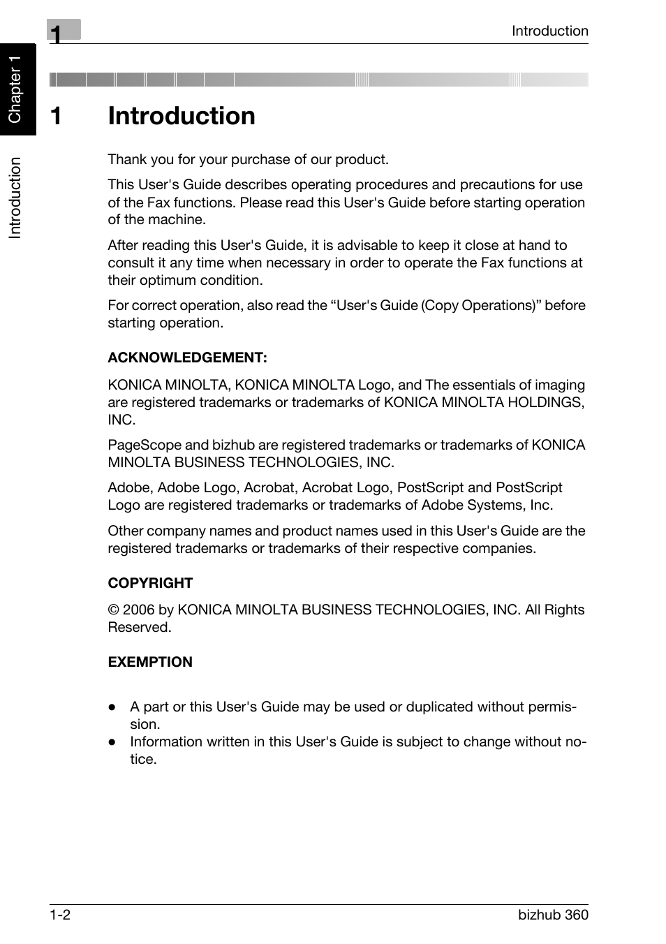 1 introduction, Acknowledgement, Copyright | Exemption, Introduction, 1introduction | Konica Minolta FK-502 User Manual | Page 11 / 458