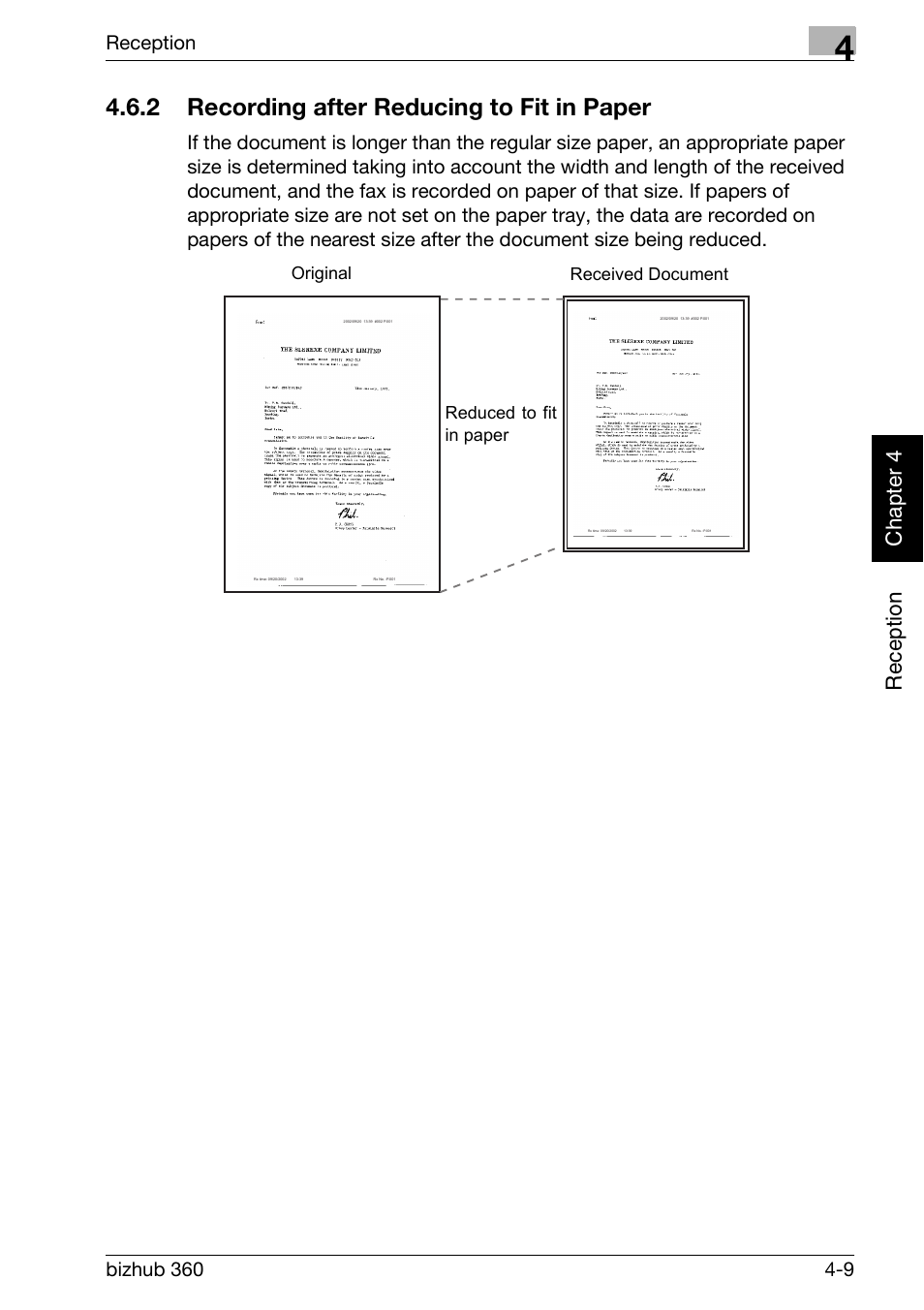2 recording after reducing to fit in paper, Recording after reducing to fit in paper -9, Reception chapter 4 | Konica Minolta FK-502 User Manual | Page 116 / 458