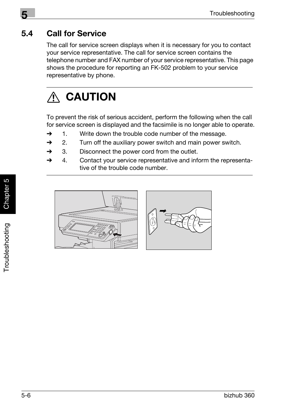 4 call for service, Call for service -6, 7 caution | Konica Minolta FK-502 User Manual | Page 131 / 458
