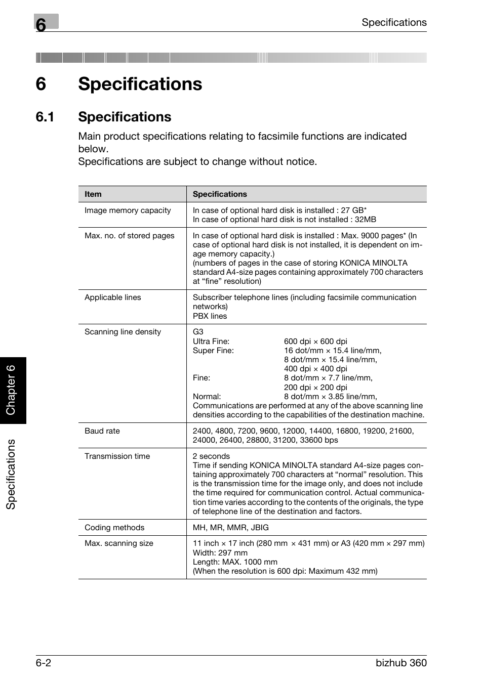 6 specifications, 1 specifications, Specifications | Specifications -2, 6specifications, Sp ecific ations chap te r 6 | Konica Minolta FK-502 User Manual | Page 133 / 458