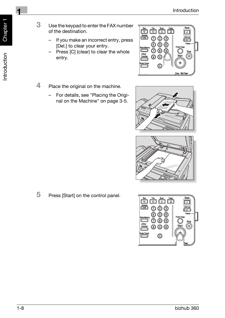 Press [start] on the control panel | Konica Minolta FK-502 User Manual | Page 17 / 458