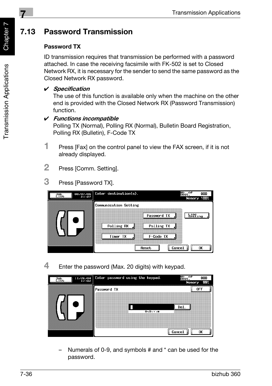 13 password transmission, Password tx, Password transmission -36 | Konica Minolta FK-502 User Manual | Page 171 / 458