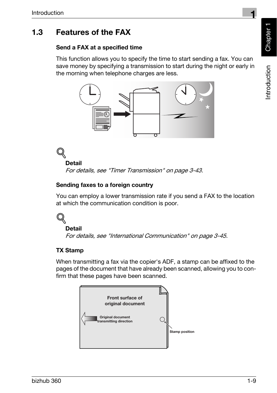 3 features of the fax, Send a fax at a specified time, Sending faxes to a foreign country | Tx stamp, Features of the fax -9 | Konica Minolta FK-502 User Manual | Page 18 / 458